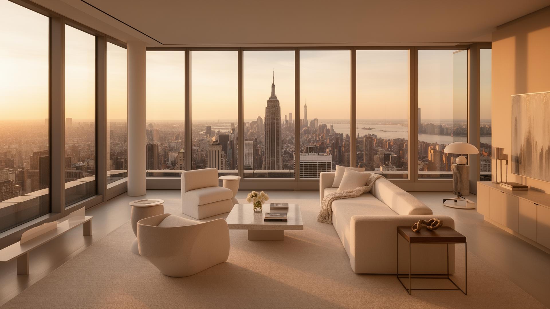 Sunlit luxury Manhattan penthouse with floor-to-ceiling windows overlooking the skyline